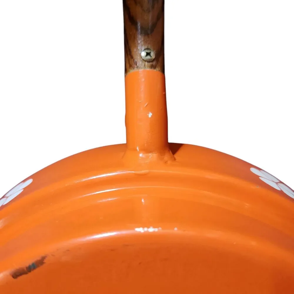 Vintage Enamel Pan and Lid Orange w/ White Flowers Wood Handles Made in Japan